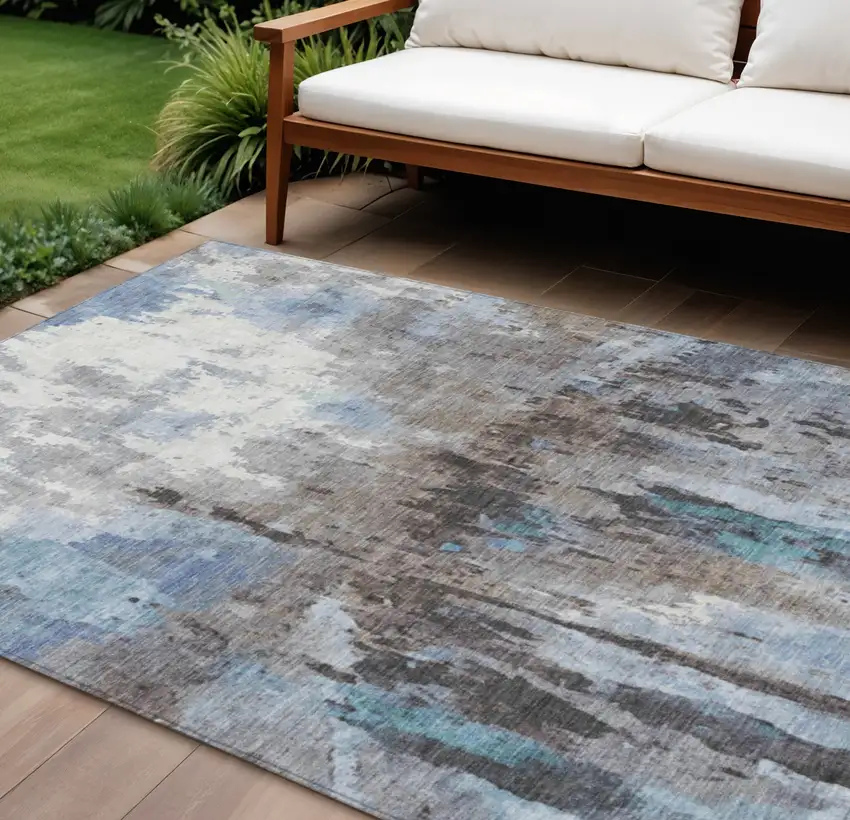 Blue Ivory And Beige Abstract Washable Indoor Outdoor Area Rug Photo 1