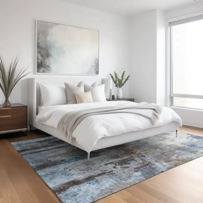 Blue Ivory And Beige Abstract Washable Indoor Outdoor Area Rug Photo 9