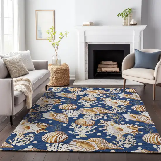 Blue Ivory And Beige Geometric Washable Area Rug With UV Protection Photo 6