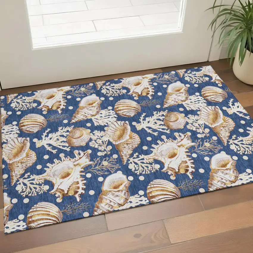 Blue Ivory And Beige Geometric Washable Area Rug With UV Protection Photo 1