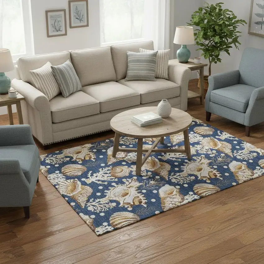 Blue Ivory And Beige Geometric Washable Area Rug With UV Protection Photo 1