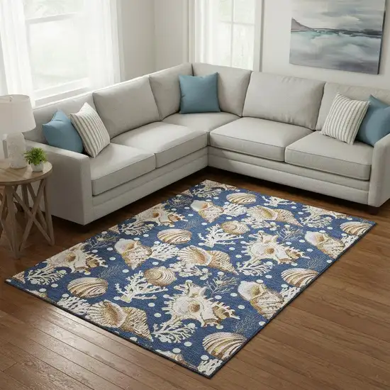 Blue Ivory And Beige Geometric Washable Area Rug With UV Protection Photo 1