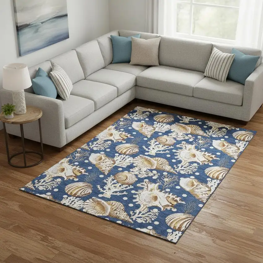 Blue Ivory And Beige Geometric Washable Area Rug With UV Protection Photo 1
