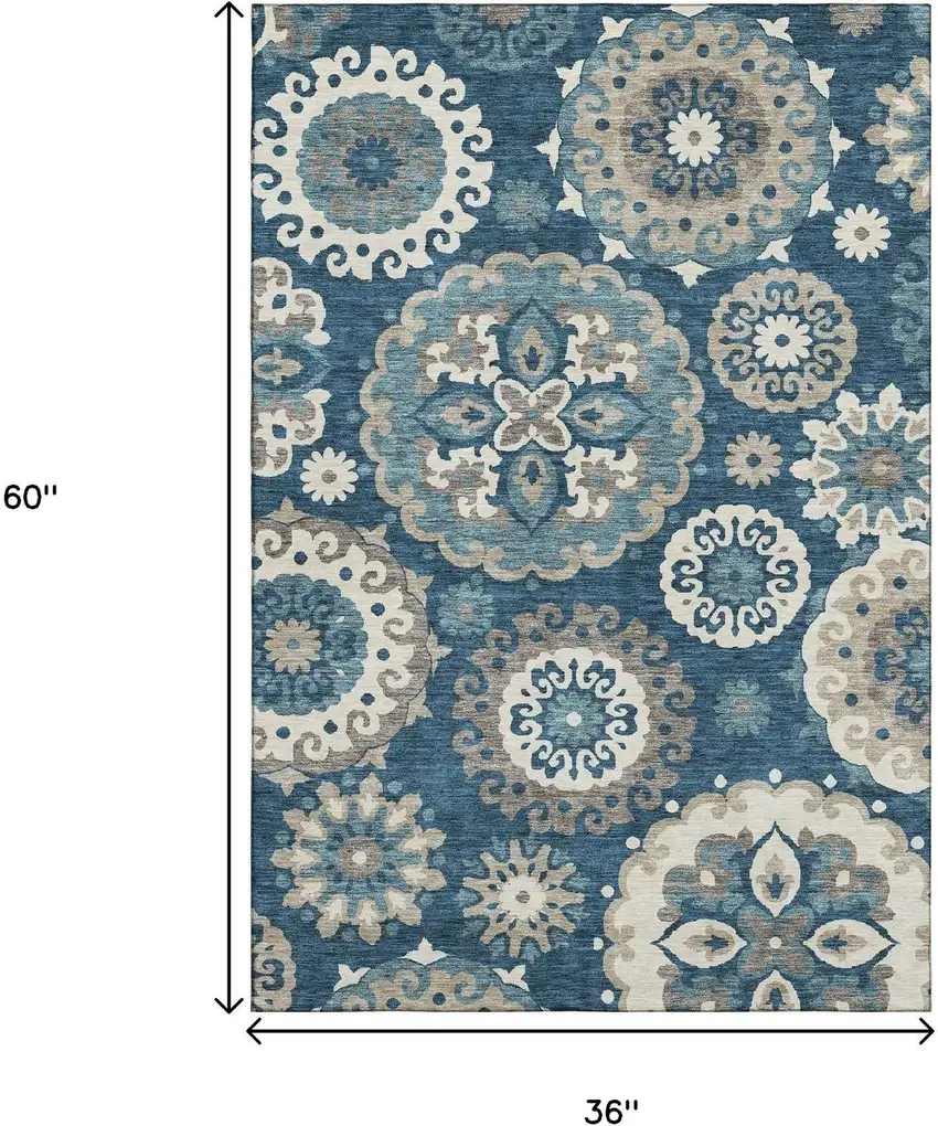 Blue Ivory And Beige Medallion Washable Area Rug With UV Protection Photo 3