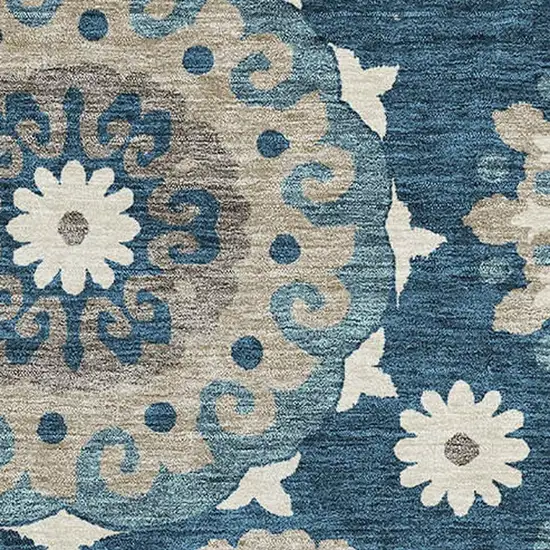 Blue Ivory And Beige Medallion Washable Area Rug With UV Protection Photo 3