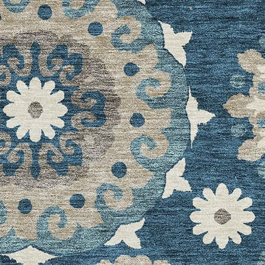 Blue Ivory And Beige Medallion Washable Area Rug With UV Protection Photo 3