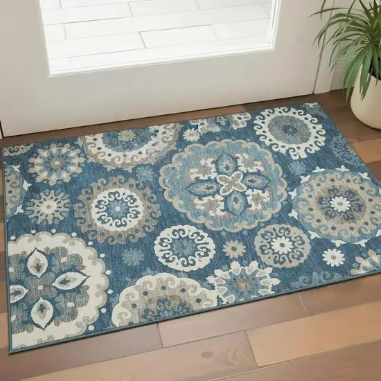 Blue Ivory And Beige Medallion Washable Area Rug With UV Protection Photo 1