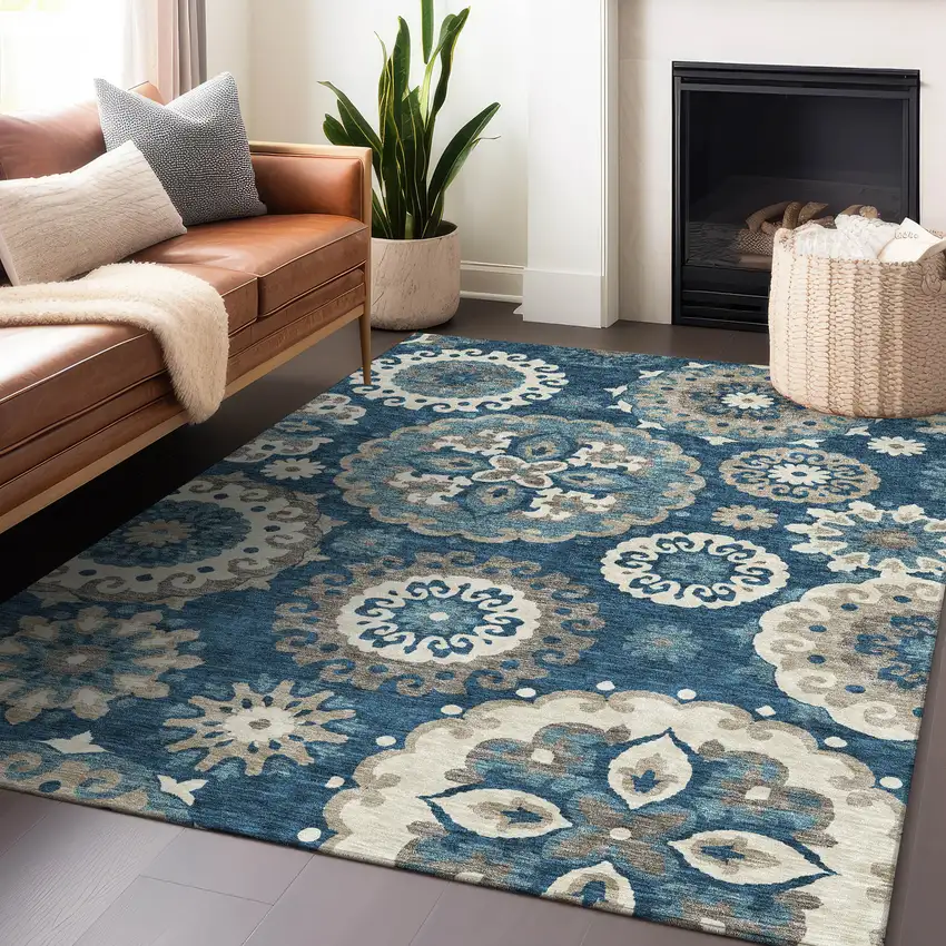 Blue Ivory And Beige Medallion Washable Area Rug With UV Protection Photo 5