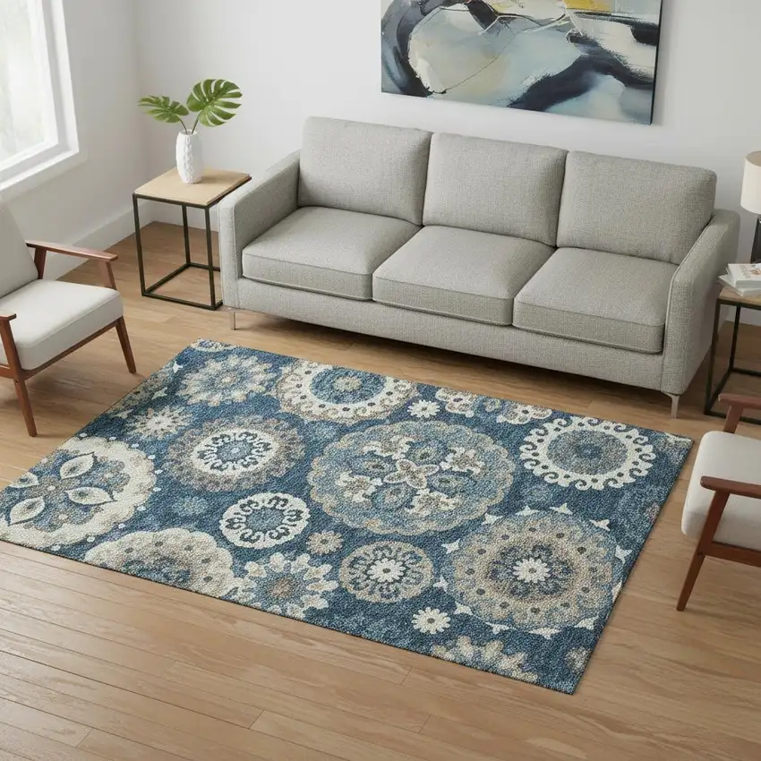 Blue Ivory And Beige Medallion Washable Area Rug With UV Protection Photo 2