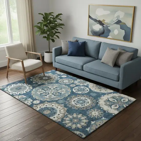 Blue Ivory And Beige Medallion Washable Area Rug With UV Protection Photo 1
