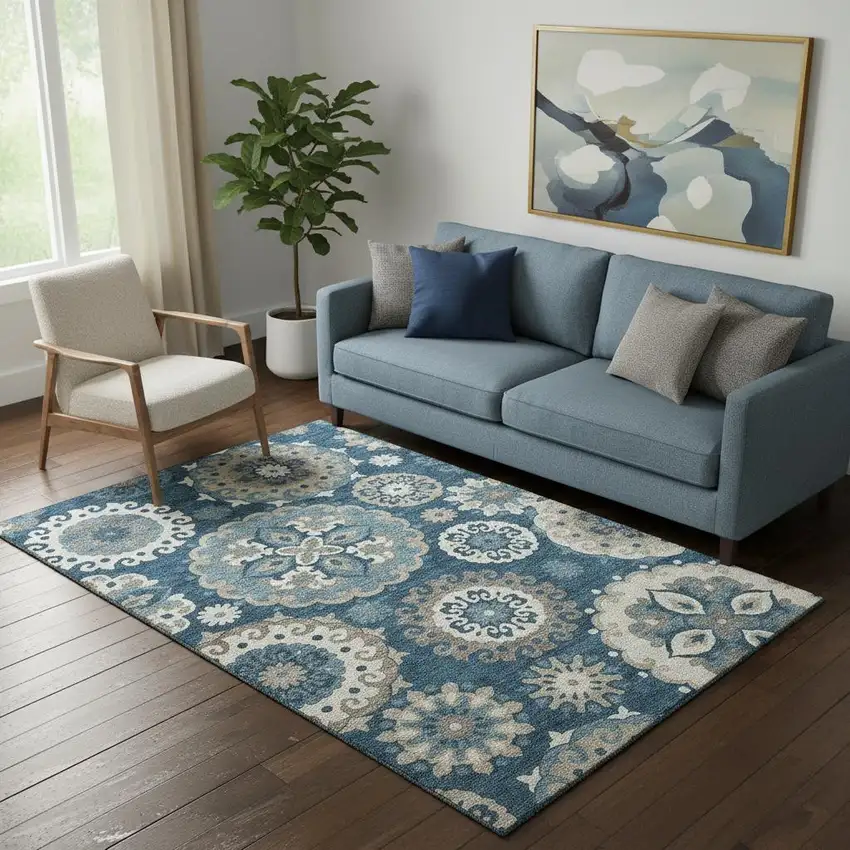 Blue Ivory And Beige Medallion Washable Area Rug With UV Protection Photo 1