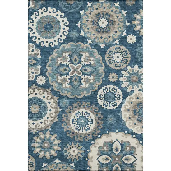 Blue Ivory And Beige Medallion Washable Area Rug With UV Protection Photo 1