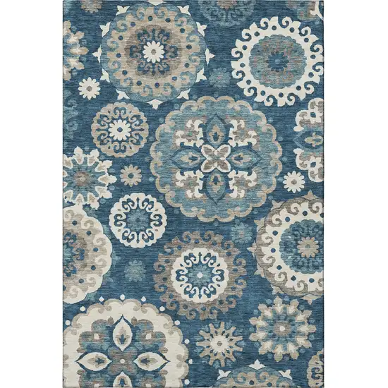 Blue Ivory And Beige Medallion Washable Area Rug With UV Protection Photo 3