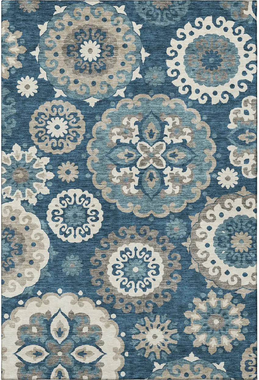 Blue Ivory And Beige Medallion Washable Area Rug With UV Protection Photo 3