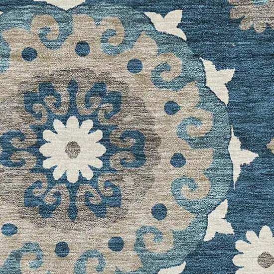 Blue Ivory And Beige Medallion Washable Area Rug With UV Protection Photo 3
