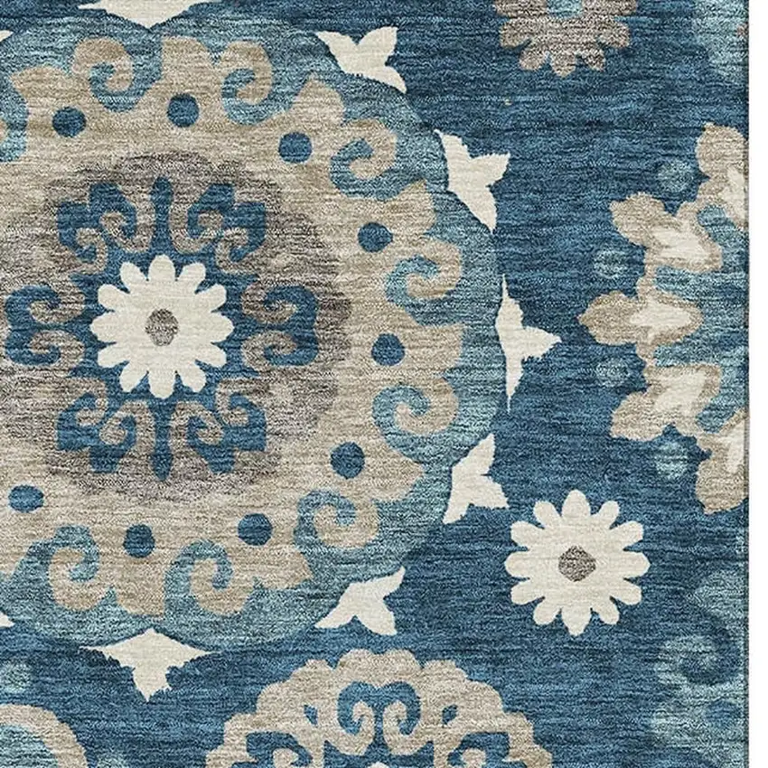 Blue Ivory And Beige Medallion Washable Area Rug With UV Protection Photo 4
