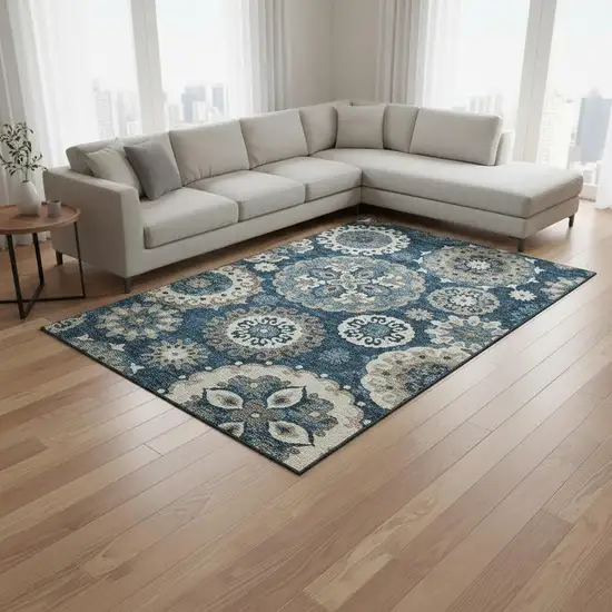 Blue Ivory And Beige Medallion Washable Area Rug With UV Protection Photo 2