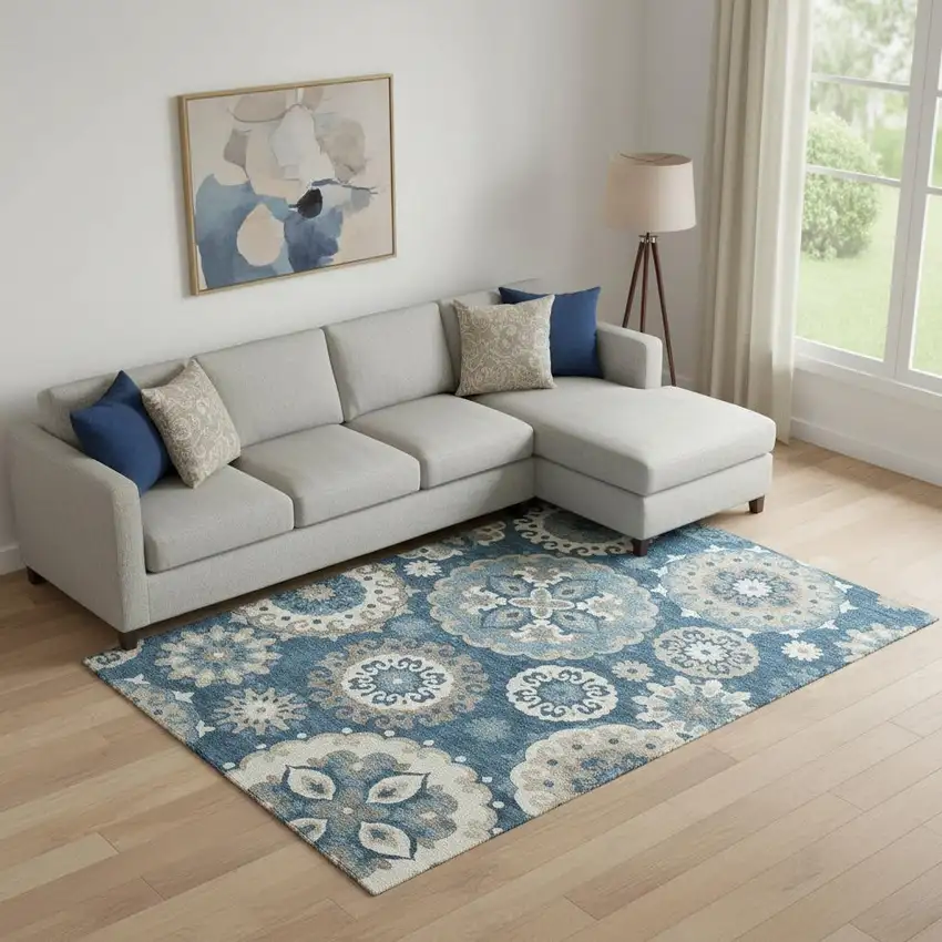Blue Ivory And Beige Medallion Washable Area Rug With UV Protection Photo 1