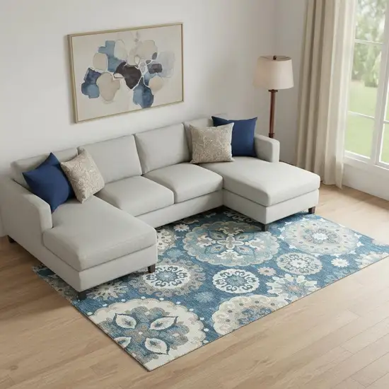 Blue Ivory And Beige Medallion Washable Area Rug With UV Protection Photo 1