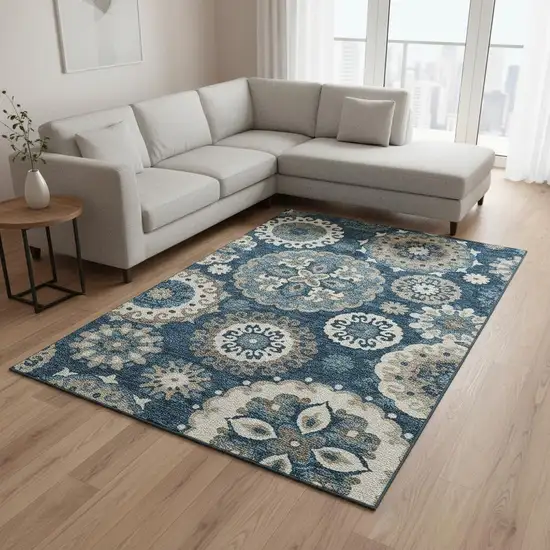 Blue Ivory And Beige Medallion Washable Area Rug With UV Protection Photo 2