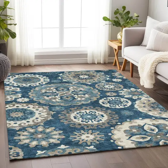 Blue Ivory And Beige Medallion Washable Area Rug With UV Protection Photo 5