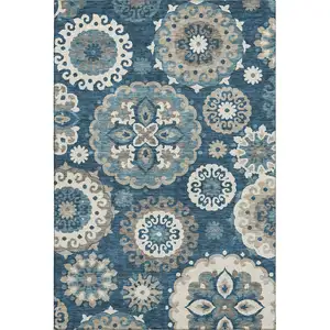 Photo of Blue Ivory And Beige Medallion Washable Area Rug With UV Protection