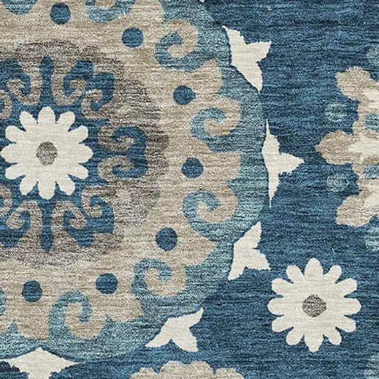 Blue Ivory And Beige Medallion Washable Area Rug With UV Protection Photo 3