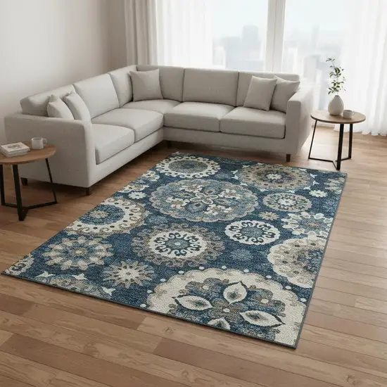 Blue Ivory And Beige Medallion Washable Area Rug With UV Protection Photo 2