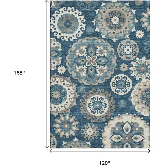 Blue Ivory And Beige Medallion Washable Area Rug With UV Protection Photo 3