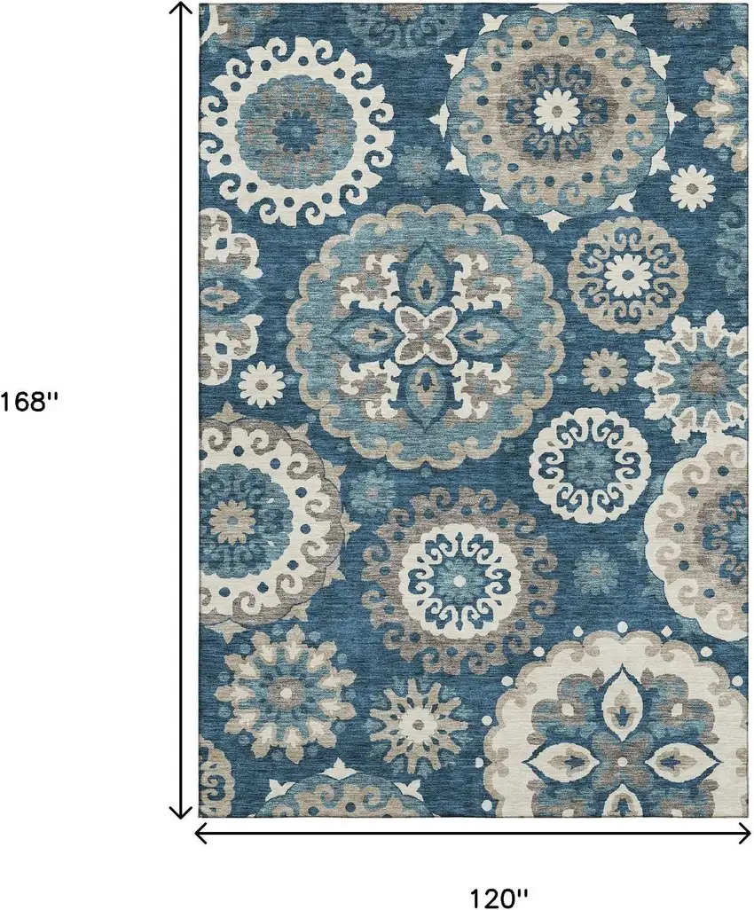 Blue Ivory And Beige Medallion Washable Area Rug With UV Protection Photo 3
