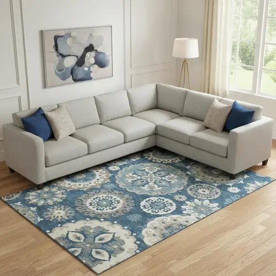 Blue Ivory And Beige Medallion Washable Area Rug With UV Protection Photo 1