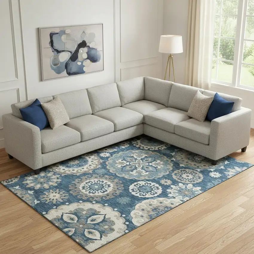 Blue Ivory And Beige Medallion Washable Area Rug With UV Protection Photo 1