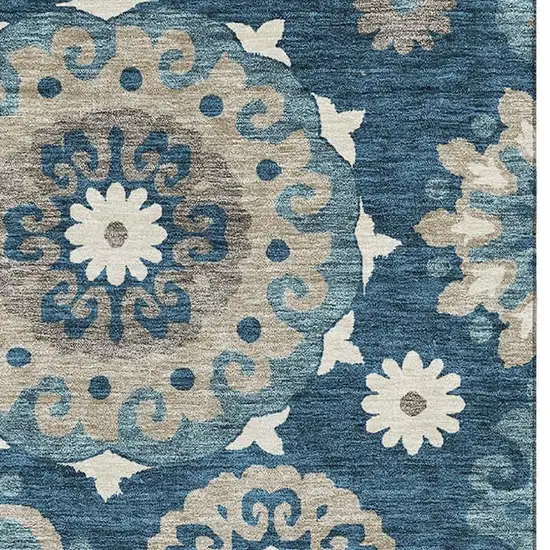 Blue Ivory And Beige Medallion Washable Area Rug With UV Protection Photo 4