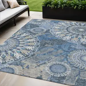 Photo of Blue Ivory And Beige Paisley Washable Indoor Outdoor Area Rug