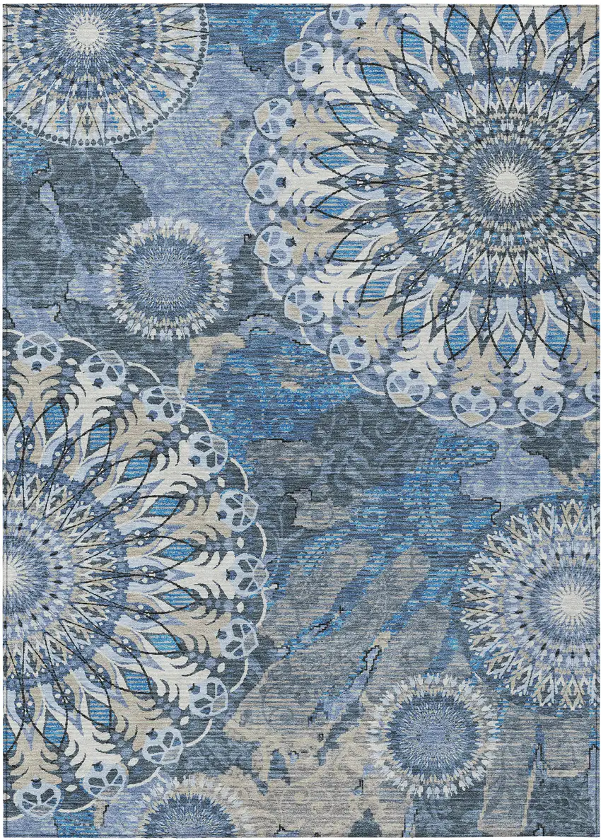 Blue Ivory And Beige Paisley Washable Indoor Outdoor Area Rug Photo 2