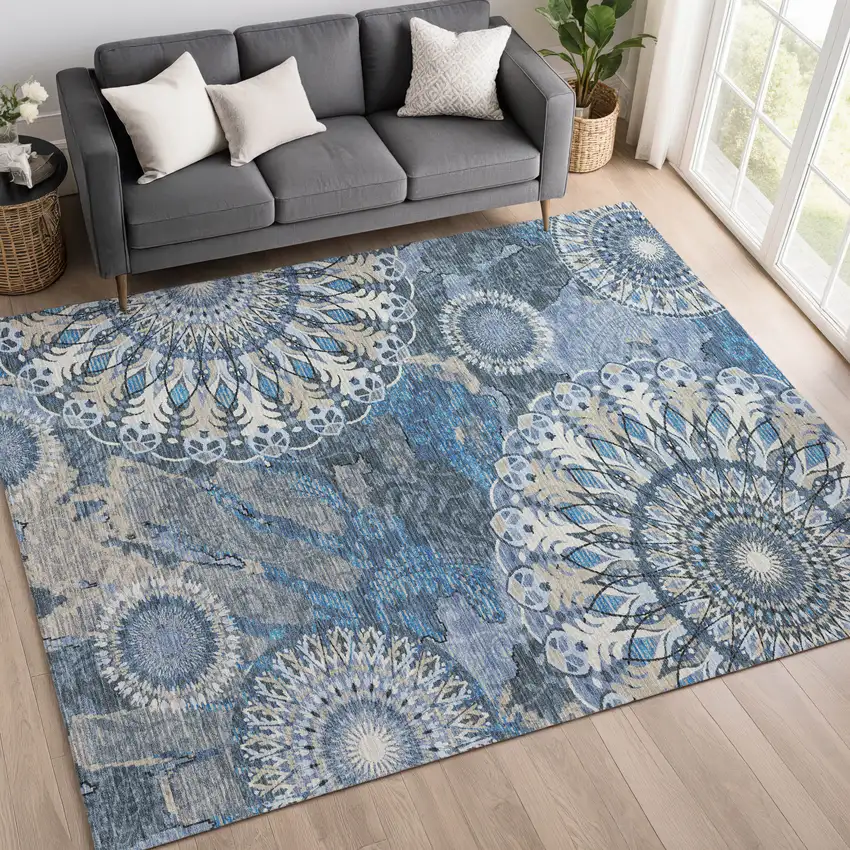 Blue Ivory And Beige Paisley Washable Indoor Outdoor Area Rug Photo 9
