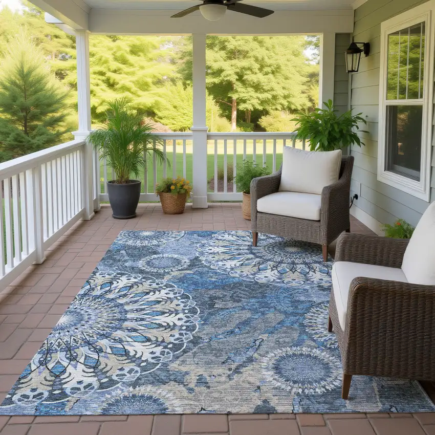 Blue Ivory And Beige Paisley Washable Indoor Outdoor Area Rug Photo 9