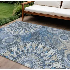 Photo of Blue Ivory And Beige Paisley Washable Indoor Outdoor Area Rug