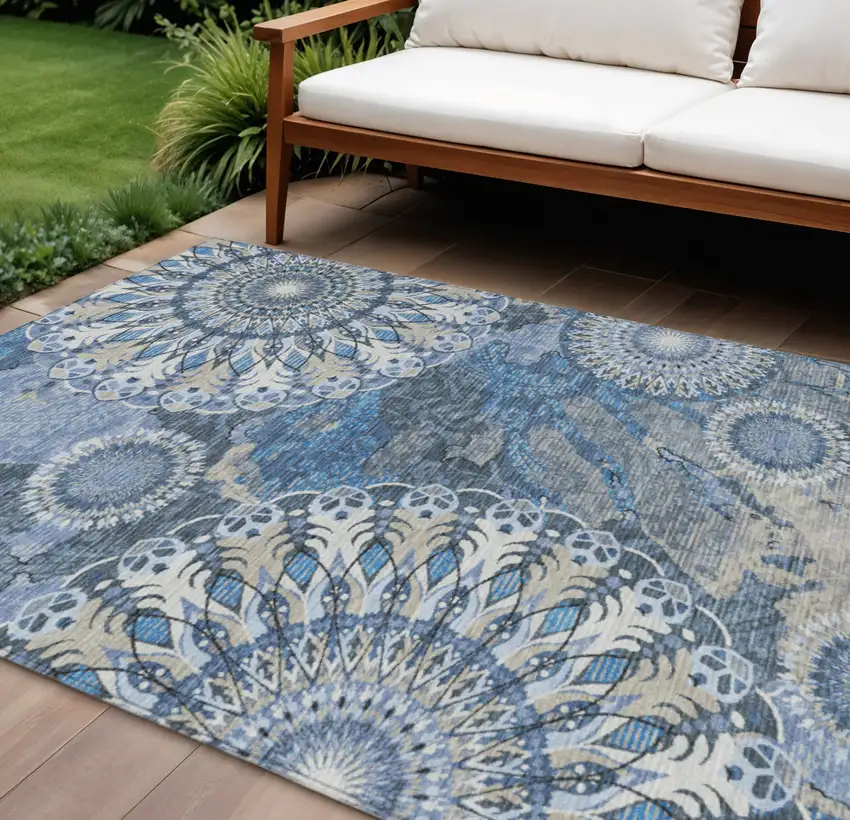 Blue Ivory And Beige Paisley Washable Indoor Outdoor Area Rug Photo 1