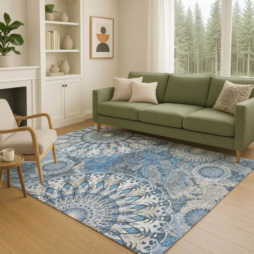 Blue Ivory And Beige Paisley Washable Indoor Outdoor Area Rug Photo 9
