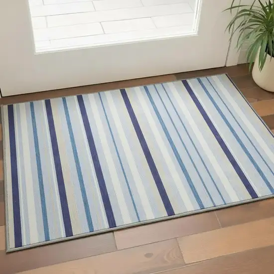 Blue Ivory And Beige Striped Washable Area Rug With UV Protection Photo 2
