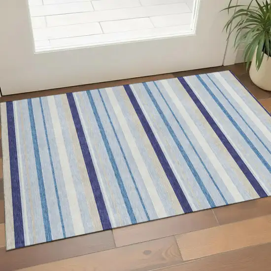 Blue Ivory And Beige Striped Washable Area Rug With UV Protection Photo 1