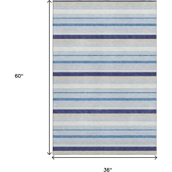 Blue Ivory And Beige Striped Washable Area Rug With UV Protection Photo 3