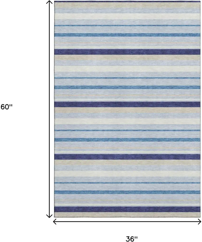 Blue Ivory And Beige Striped Washable Area Rug With UV Protection Photo 3