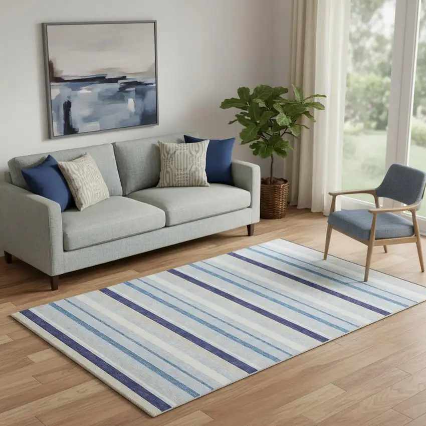 Blue Ivory And Beige Striped Washable Area Rug With UV Protection Photo 1