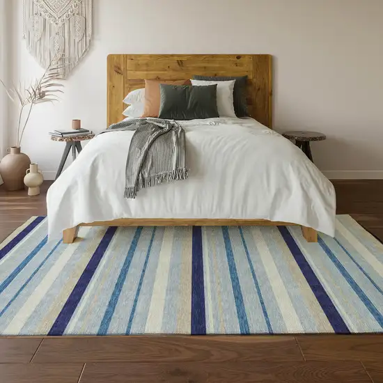 Blue Ivory And Beige Striped Washable Area Rug With UV Protection Photo 6