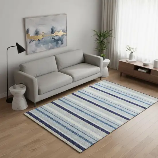 Blue Ivory And Beige Striped Washable Area Rug With UV Protection Photo 2