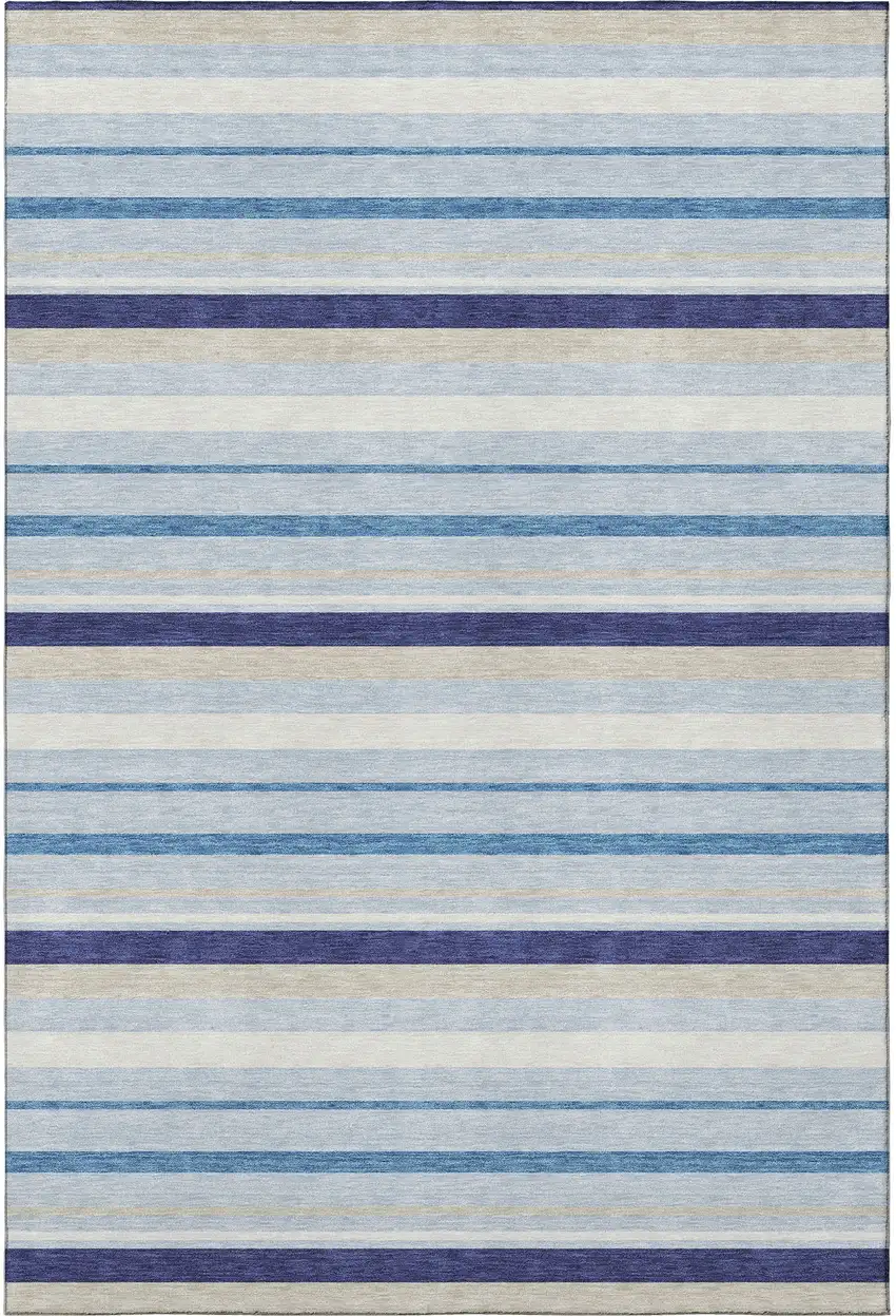 Blue Ivory And Beige Striped Washable Area Rug With UV Protection Photo 4