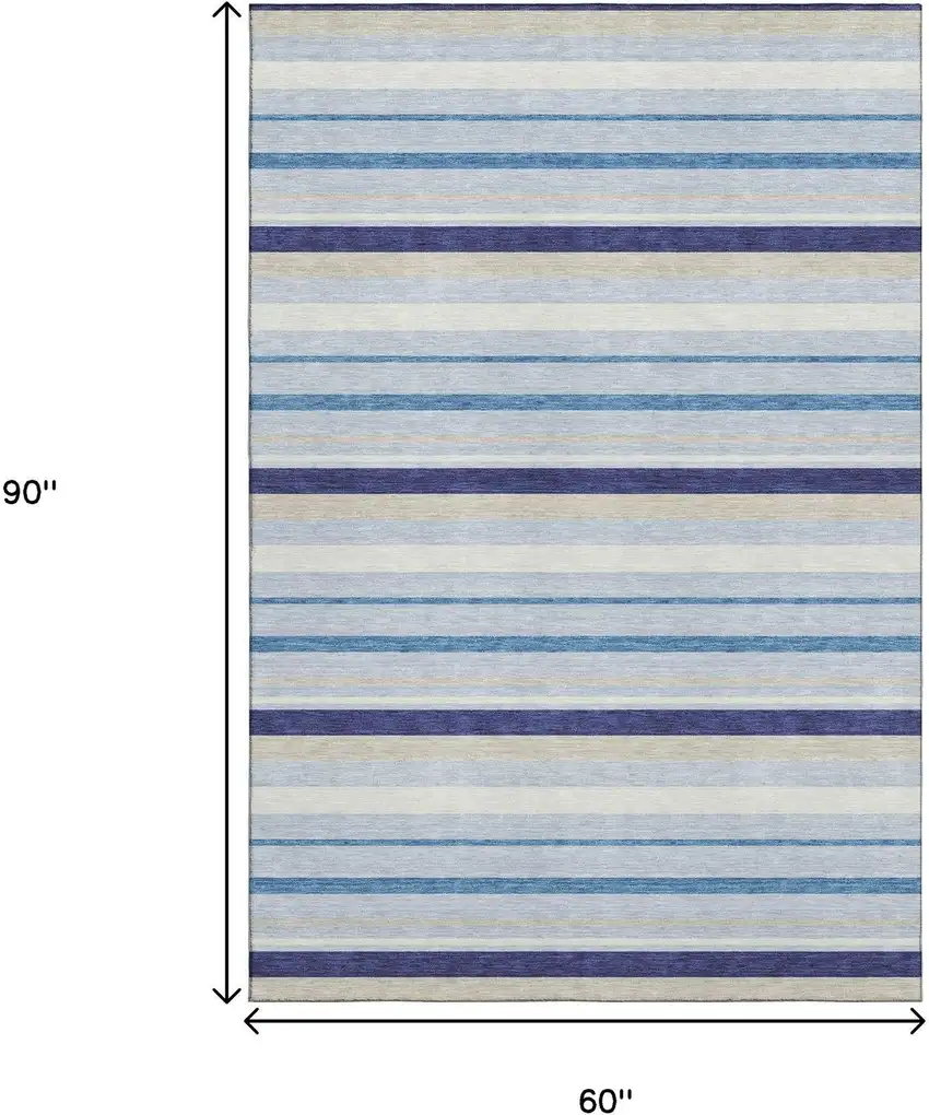 Blue Ivory And Beige Striped Washable Area Rug With UV Protection Photo 9