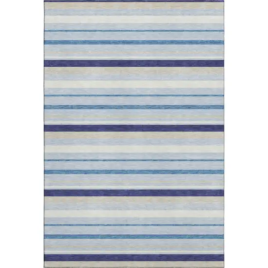 Blue Ivory And Beige Striped Washable Area Rug With UV Protection Photo 1